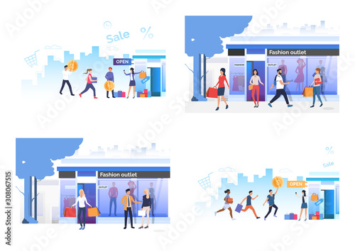 Fashion outlet set. Happy customers buying goods with discounts. Flat vector illustrations. Shopping, clearance concept for banner, website design or landing webpage
