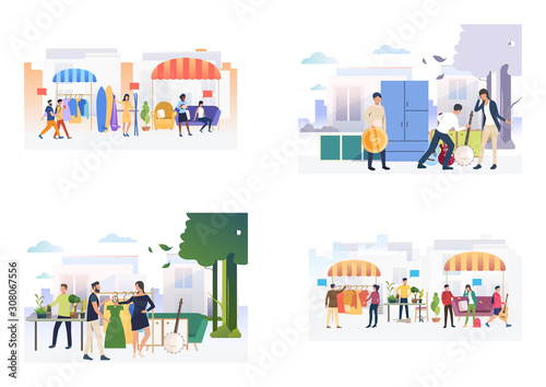Flea market set. Consumers buying goods at garage sale. Flat vector illustrations. Shopping, sale concept for banner, website design or landing webpage