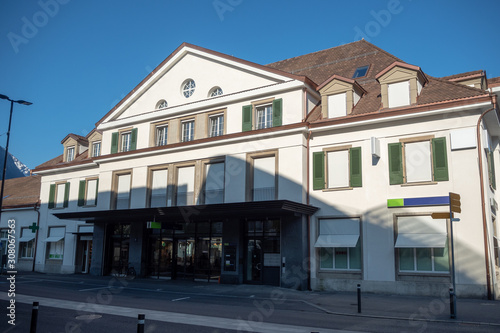 European-style train station building for background