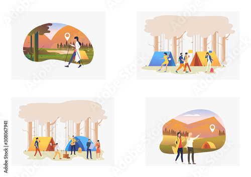 Outdoor travel set. Campers hiking, relaxing, enjoying nature near tents. Flat vector illustrations. Adventure tourism concept for banner, website design or landing webpage