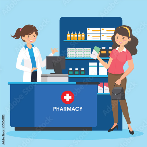 Pharmacy with nurse in counter