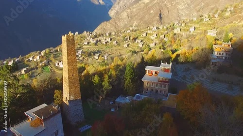 Danba County, Sichuan Province China. Zhonglu Township, Architectural Style of Jiuaju Ancient Tibetan Village. Traditional Tibetan buildings, Suopo towers, beautiful Chinese countryside. photo