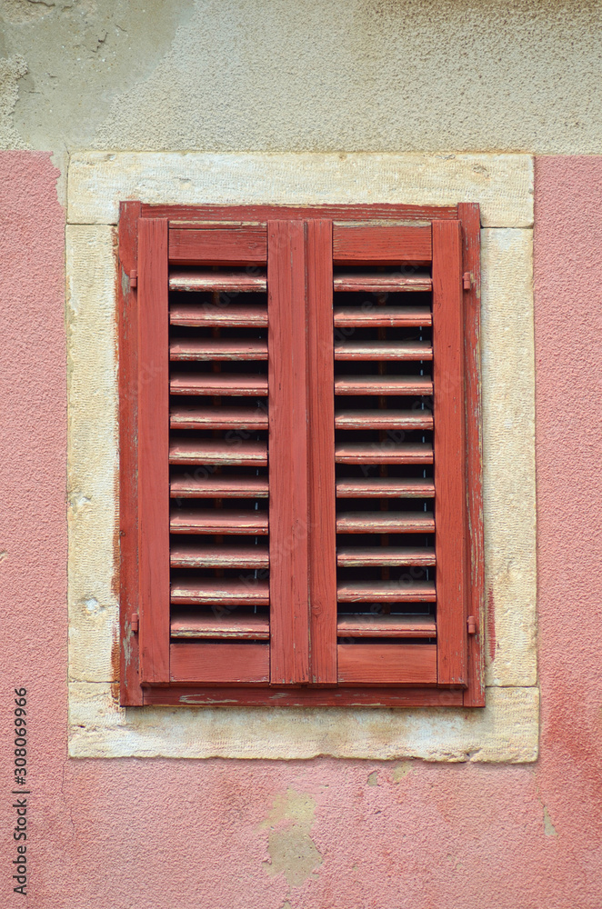 Red window pink old wall isolated Red window pink old wall isolated