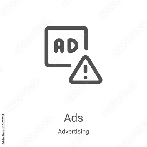 ads icon vector from advertising collection. Thin line ads outline icon vector illustration. Linear symbol for use on web and mobile apps, logo, print media