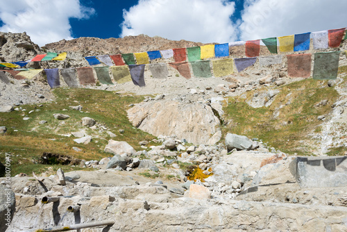 Ladakh, India - Jul 22 2019 - Hot spring at Panamik Village in Nubra Valley, Ladakh, Jammu and Kashmir, India.