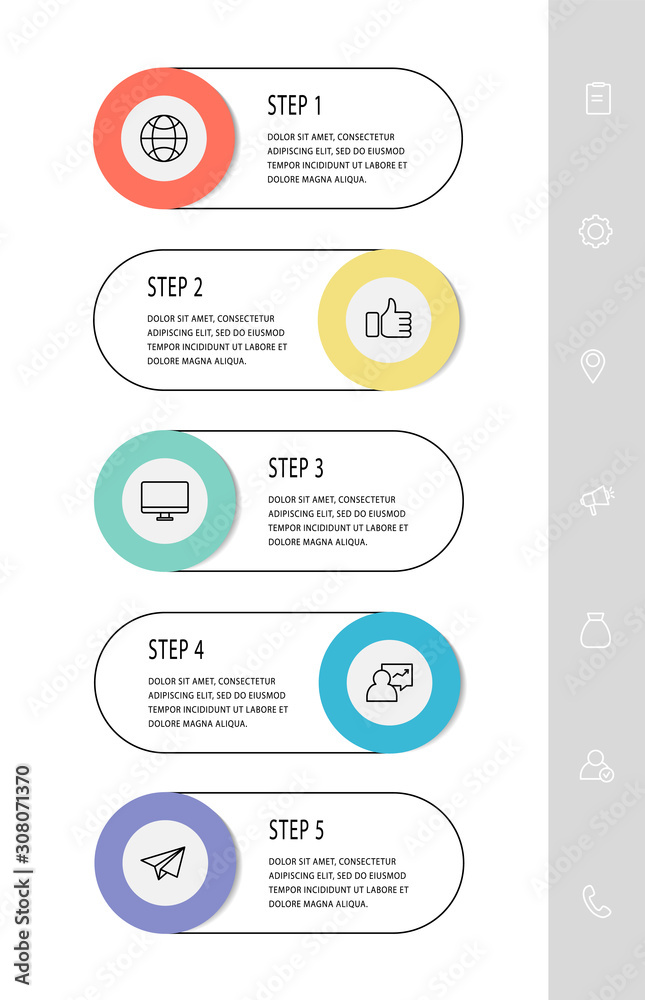 Vector flat template circle infographics. Business concept with 5 options and labels. Five steps for graph, diagrams, slideshow