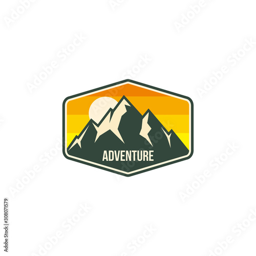 mountain adventure badge, label, emblem or logo design vector template. outdoor activities icon. hiking/climbing icon.