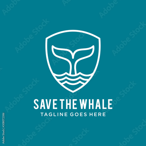 line art whale and shield logo design vector template illustration. save the whales, save the ocean, whale protection symbol icon