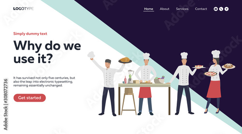 Chefs offering thanksgiving dinner. Food, table, turkey, pies flat vector illustration. Cooking concept for banner, website design or landing web page