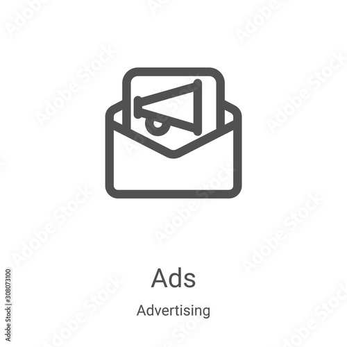 ads icon vector from advertising collection. Thin line ads outline icon vector illustration. Linear symbol for use on web and mobile apps, logo, print media