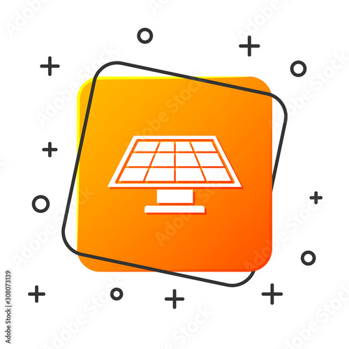 White Solar energy panel icon isolated on white background. Orange square button. Vector Illustration