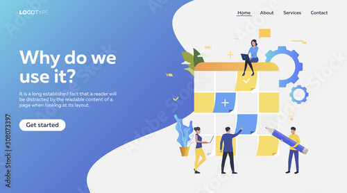 Professional team working at planning board. Sticking notes, tasks, Kanban board flat vector illustration. Management concept for banner, website design or landing web page