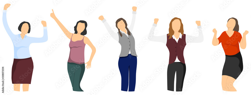 Happy women. Mini characters portraits of happy and successful women. Vector illustration of happy women characters isolated on white. Happy women. Mini characters portraits of happy and successful women. Vector illustration of happy women characters isolated on white.
