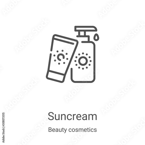 suncream icon vector from beauty cosmetics collection. Thin line suncream outline icon vector illustration. Linear symbol for use on web and mobile apps, logo, print media