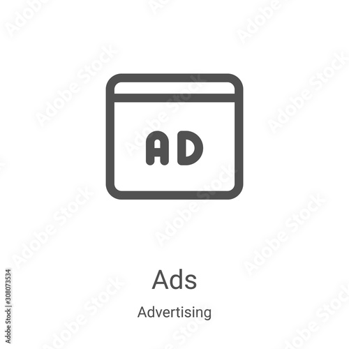 ads icon vector from advertising collection. Thin line ads outline icon vector illustration. Linear symbol for use on web and mobile apps, logo, print media