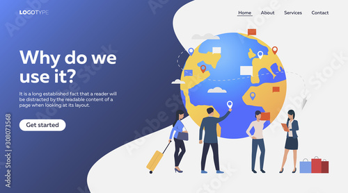 Tourists setting map pointers on globe. Holding luggage, suitcase, business trip flat vector illustration. Travel concept for banner, website design or landing web page