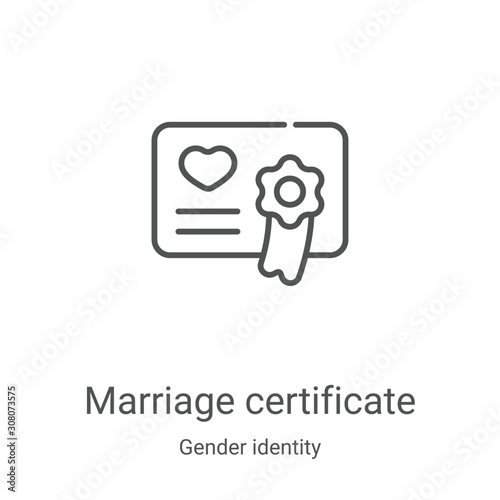 marriage certificate icon vector from gender identity collection. Thin line marriage certificate outline icon vector illustration. Linear symbol for use on web and mobile apps, logo, print media