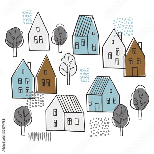 Vector background with hand drawn houses. Sketch  illustration.