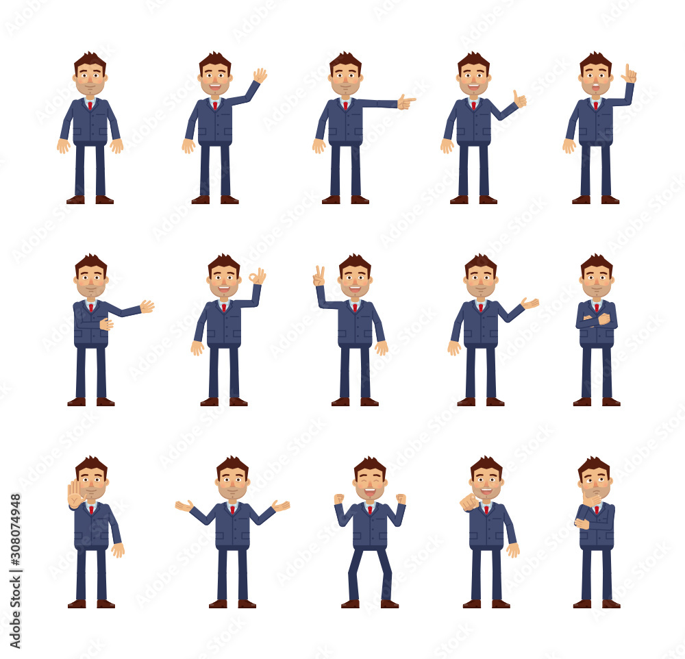 Big set of businessman characters showing different hand gestures. Cheerful businessman showing stop sign, thumb up, greeting, waving, pointing and other hand gestures. Flat style vector illustration Big set of businessman characters showing different hand gestures. Cheerful businessman showing stop sign, thumb up, greeting, waving, pointing and other hand gestures. Flat style vector illustration