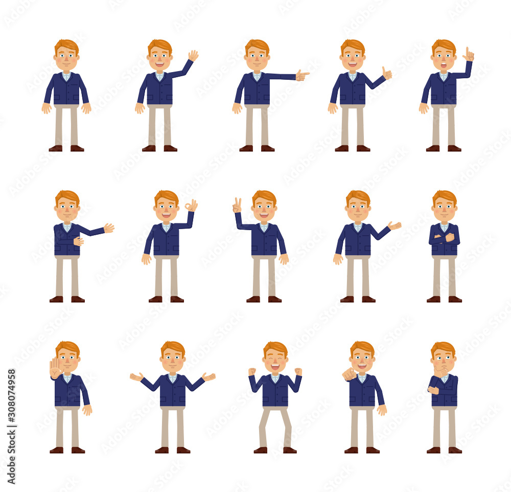 Big set of businessman characters showing different hand gestures. Cheerful businessman showing stop sign, thumb up, greeting, waving, pointing and other hand gestures. Flat style vector illustration