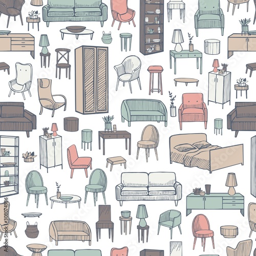 Furniture, lamps and plants for the home on white background. Vector seamless pattern