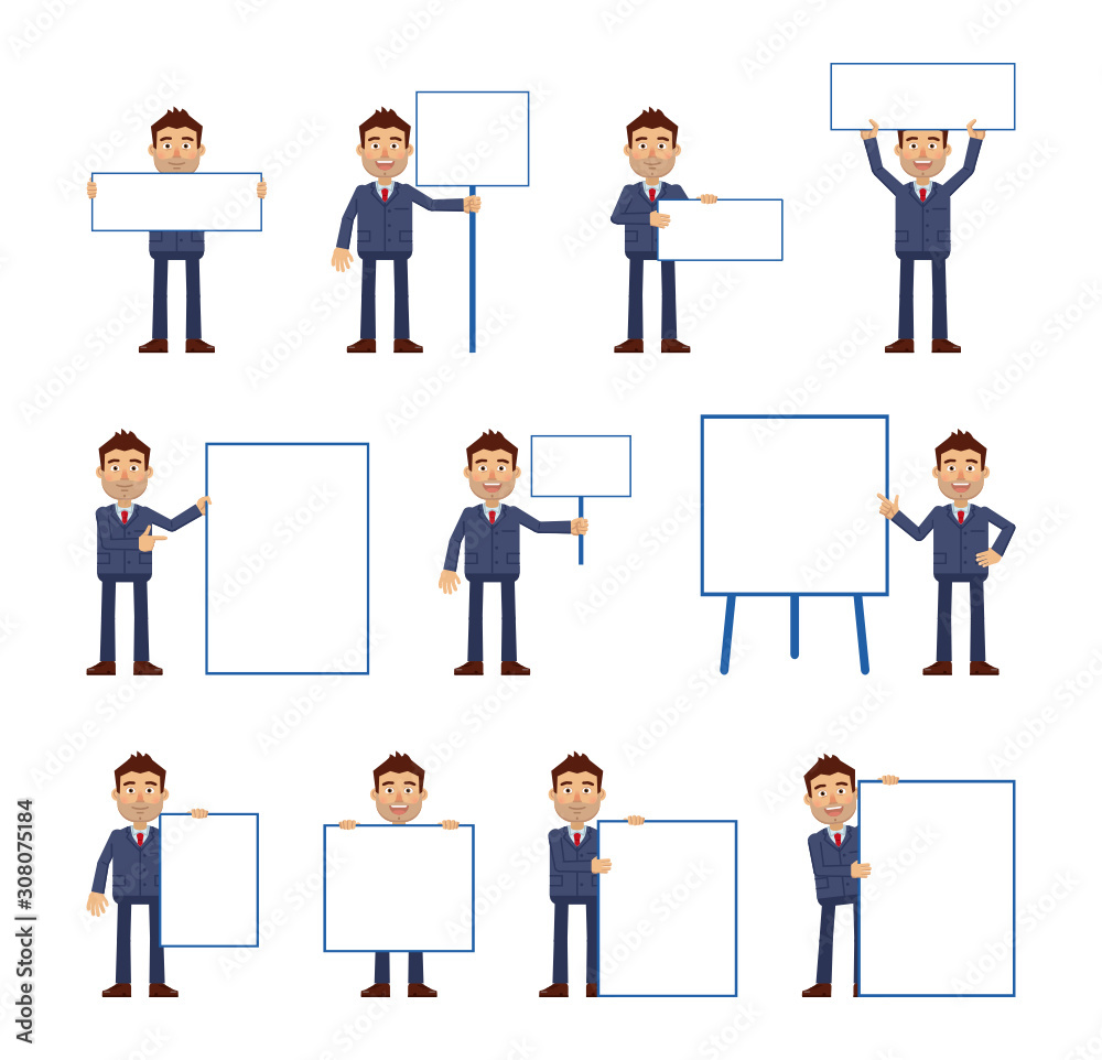 Big set of businessman characters posing with different blank banners. Cheerful businessman holding paper, poster, placard, pointing to whiteboard. Teach, advertise, promote. Flat vector illustration