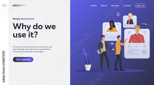 Employer consulting recruiting expert. Two men studying candidates profiles. Human resource concept. Vector illustration can be used for landing pages, banner and poster design