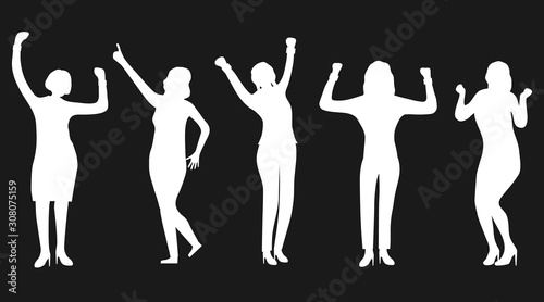 Silhouettes of happy women isolated on black background. A group of mini characters of happy and successful women. Vector concept illustration of happy women.