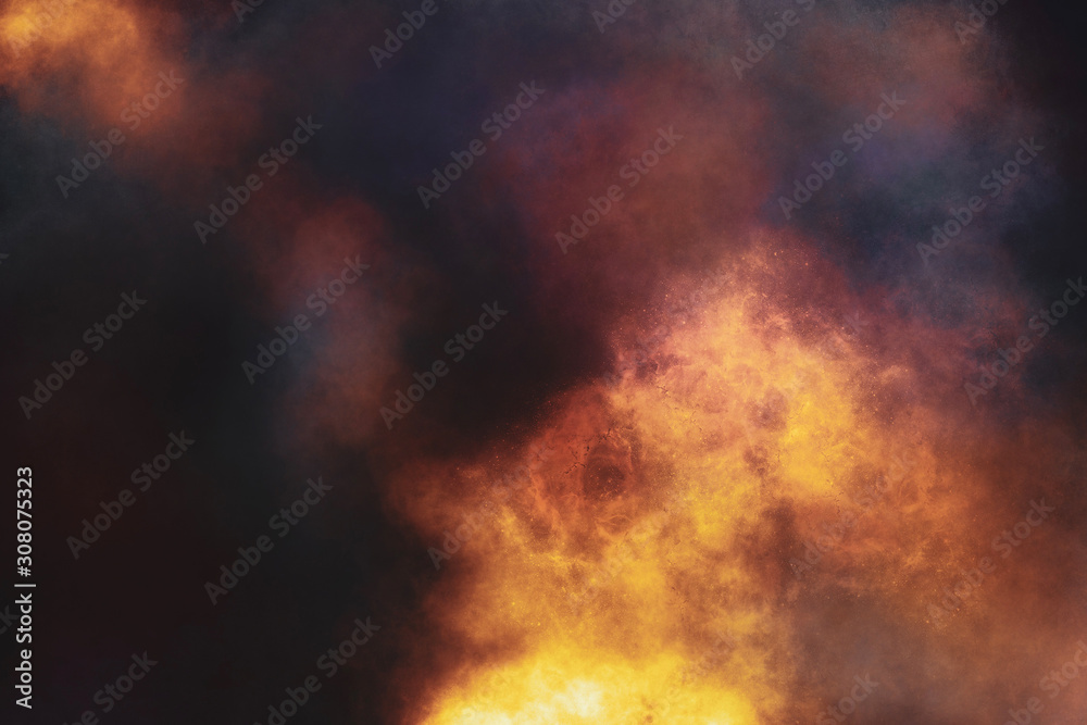 Abstract illustration. Flame and fire is burning at dark and black night. Smoke and clouds. Part of image is blurred.
