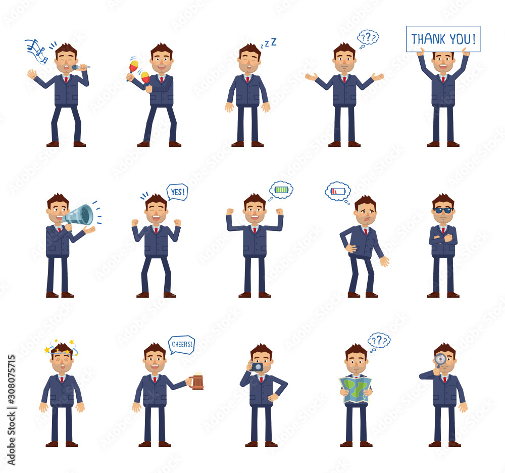Set of businessman characters showing different actions. Cheerful businessman holding map, banner, loudspeaker, beer mug, karaoke singing, dancing and doing other actions. Flat vector illustration
