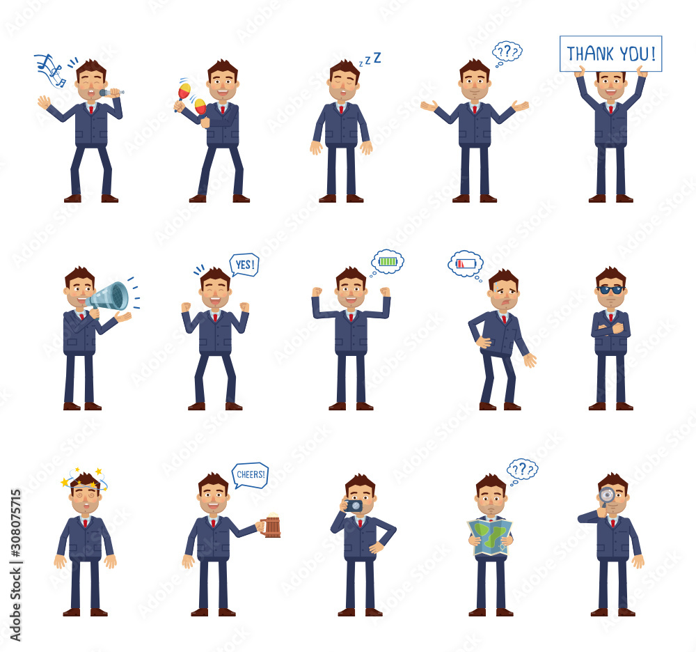 Set of businessman characters showing different actions. Cheerful businessman holding map, banner, loudspeaker, beer mug, karaoke singing, dancing and doing other actions. Flat vector illustration Set of businessman characters showing different actions. Cheerful businessman holding map, banner, loudspeaker, beer mug, karaoke singing, dancing and doing other actions. Flat vector illustration
