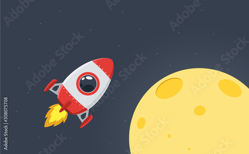 a red rocket is flying near the moon. Isolated Vector Illustration