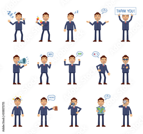 Set of businessman characters showing different actions. Cheerful businessman holding map, banner, loudspeaker, beer mug, karaoke singing, dancing and doing other actions. Flat vector illustration