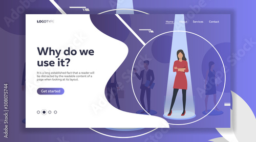 Woman under spotlight through magnifier glass. Employee, candidate, group of people. Human resource concept. Vector illustration can be used for topics like personnel selection, job search, recruiting