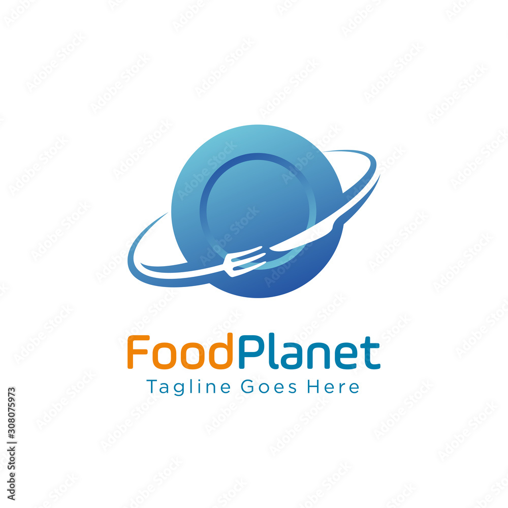 unique food planet logo design vector illustration. consisting of a plate, fork and knife icon as the planet. restaurant, Cafe, food and drink symbol icon unique food planet logo design vector illustration. consisting of a plate, fork and knife icon as the planet. restaurant, Cafe, food and drink symbol icon