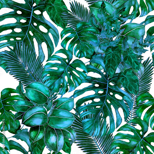 Fototapeta Naklejka Na Ścianę i Meble -  Watercolor seamless pattern with tropical leaves and flowers. Beautiful allover print with hand drawn exotic plants. Summer nature jungle print. Can be used for any kind of a surface design. 