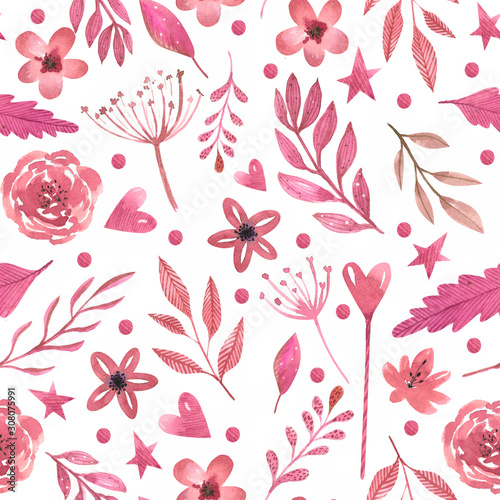 watercolor seamless pattern with pink  red leaves and flowers on a whitebackground