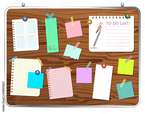 Wall wooden board in a metal frame for reminders. Vector realistic illustration of a set of notes with curled corners and shadows with place for text.