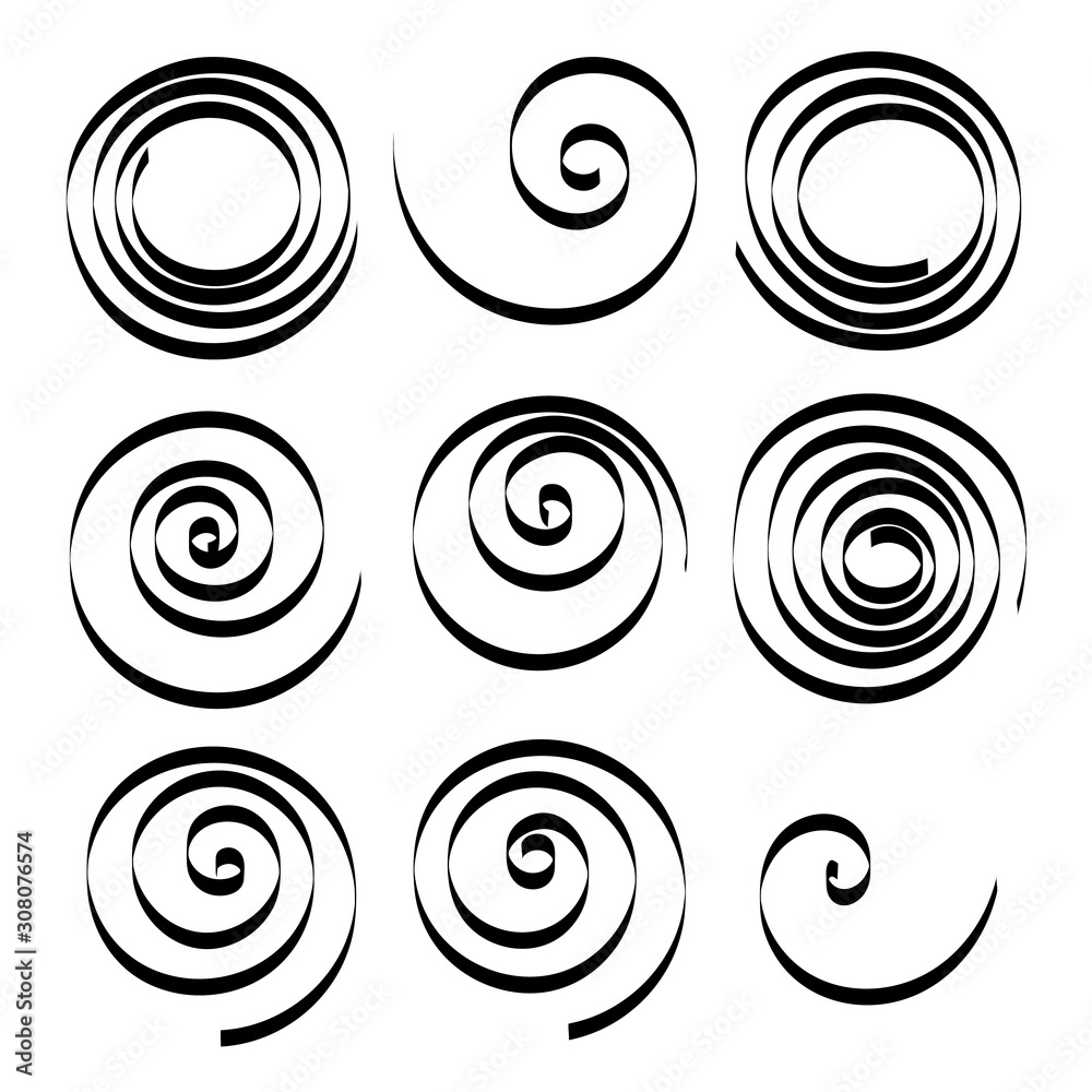 Set of line in circle form. Thin ribbon spiral goes to edge of canvas Set of line in circle form. Thin ribbon spiral goes to edge of canvas