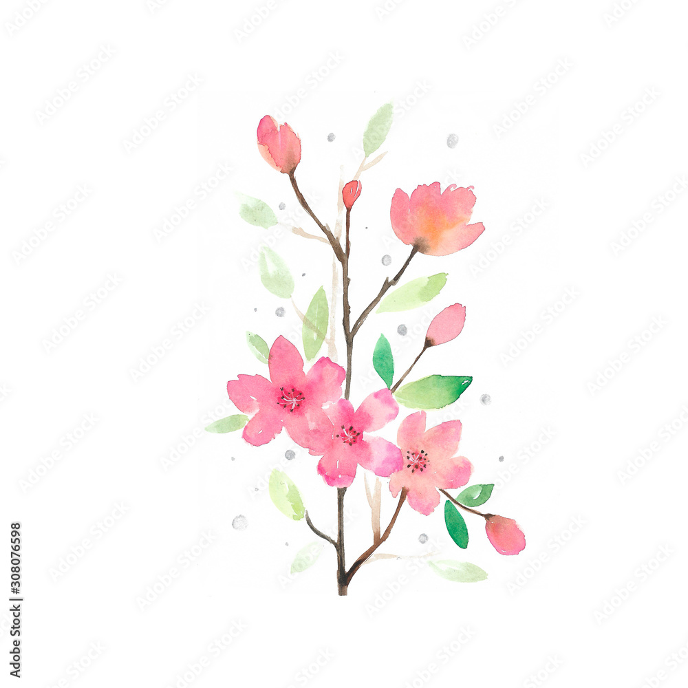 watercolor spring flowers of sakura in Japanese style. Hand drawing for print, poster, background. 