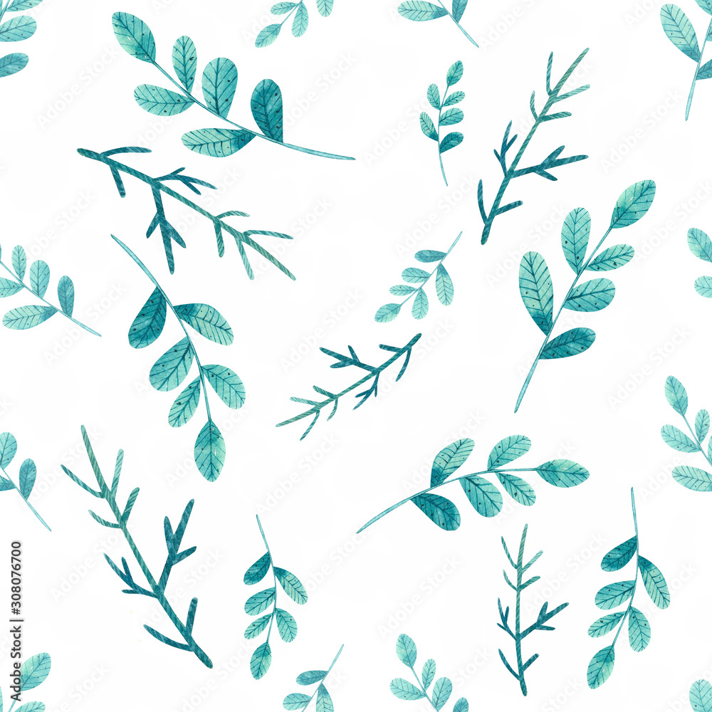 watercolor seamless pattern with blue leaves and branches isolated on white background watercolor seamless pattern with blue leaves and branches isolated on white background