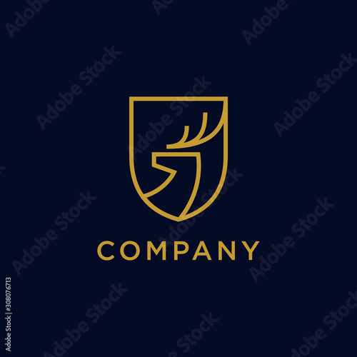 simple elegant line art, linear, outline deer and shield logo, badge, emblem, label design. universal premium deer, elk moose, antlers brand template illustration