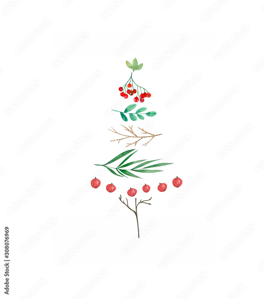 Fototapeta premium Watercolor Christmas tree with leaves,flowers,berries,branches isolated on white