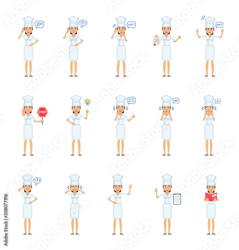 Big set of female cook characters showing different actions, gestures, emotions. Cheerful chef talking on phone, holding stop sign, document, book and doing other actions. Simple vector illustration