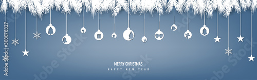 Merry Christmas decoration with paper cut hanging blue xmas background