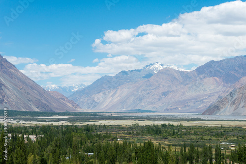 Ladakh, India - Jul 23 2019 - Beautiful scenic view from Diskit monastery in Ladakh, Jammu and Kashmir, India. © beibaoke