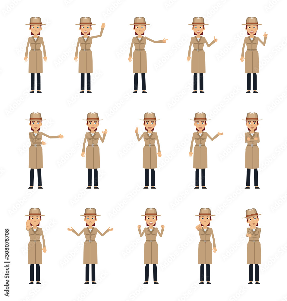 Set of female detective characters showing different hand gestures. Cheerful detective woman showing thumb up, pointing, greeting, stop sign and other hand gestures. Simple vector illustration Set of female detective characters showing different hand gestures. Cheerful detective woman showing thumb up, pointing, greeting, stop sign and other hand gestures. Simple vector illustration