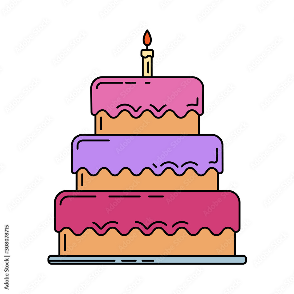 Line birthday cake, pie with candle icon. Happy birthday. Party celebration, holidays event, carnival party element icon. Vector color design. Illustration vintage object. Congratulation symbols. Line birthday cake, pie with candle icon. Happy birthday. Party celebration, holidays event, carnival party element icon. Vector color design. Illustration vintage object. Congratulation symbols.