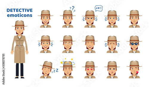 Set of detective woman emoticons. Detective avatars showing different facial expressions. Laugh, cry, surprised, tired, happy, serious, in love, dazed and other emotions. Simple vector illustration