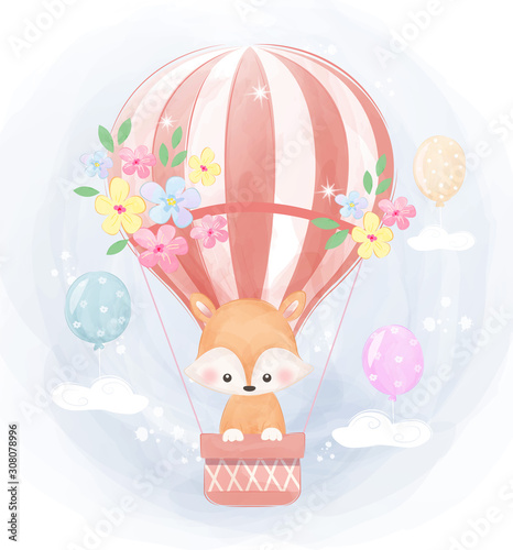 little fox flying with air balloon